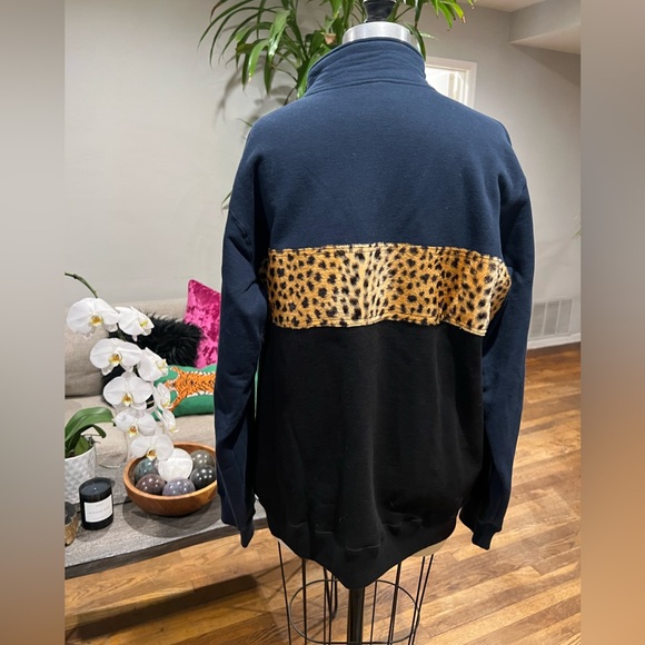 SUPREME Faux Fur Leopard Cheetah Half Zip Sweatshirt navy black Unisex - Picture 3 of 7